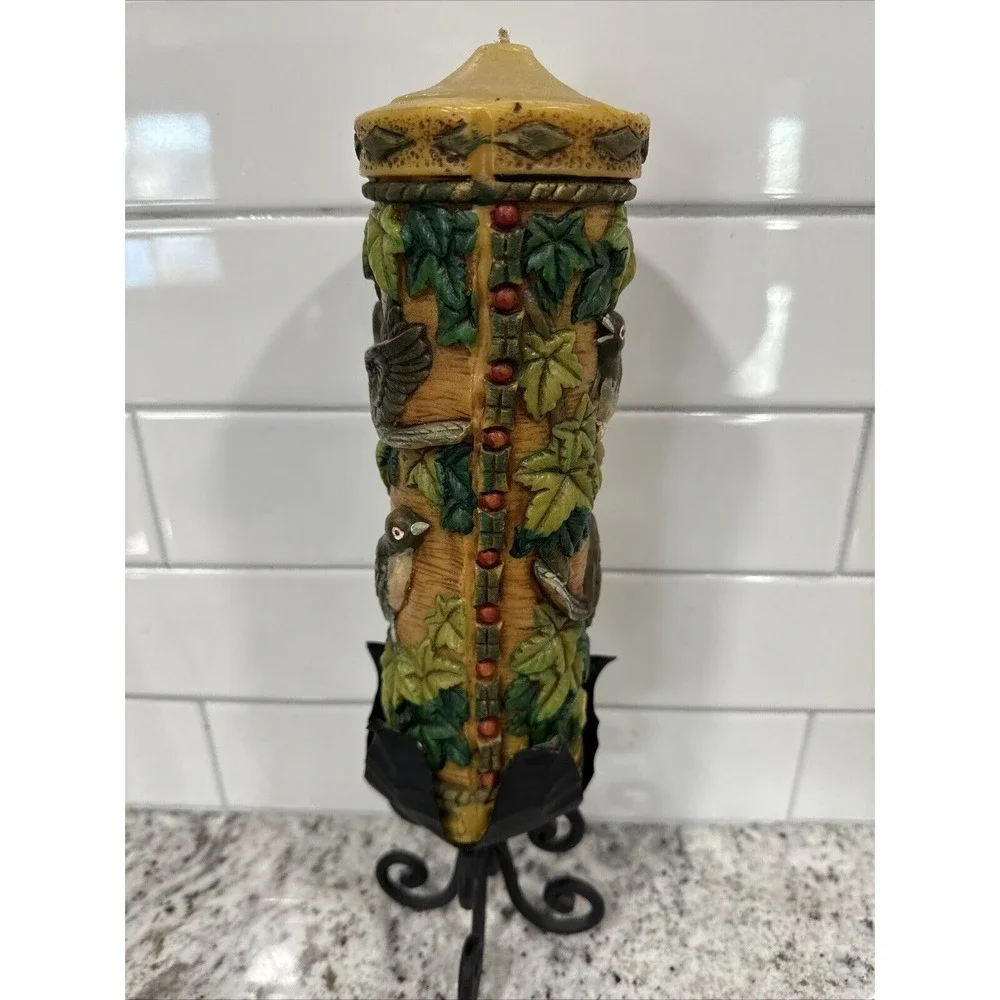 Vintage Pillar Candle With Iron Metal Holder Birds Leaves Great‎ Christmas Gift